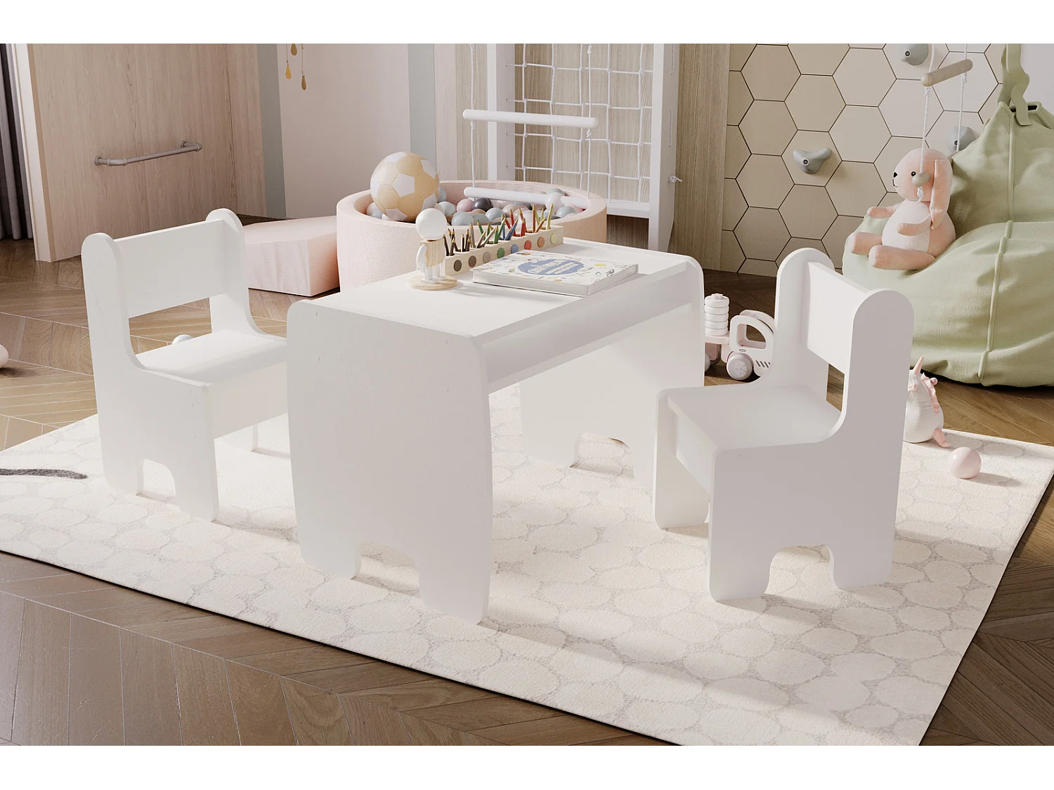 Conjunto Infantil Color Blanco: Mesa y 2 Sillas – Altura de Silla 55 cm, Asiento 28 cm de Alto x 33 cm Ancho x 34 cm Fondo, Ideal para Niños