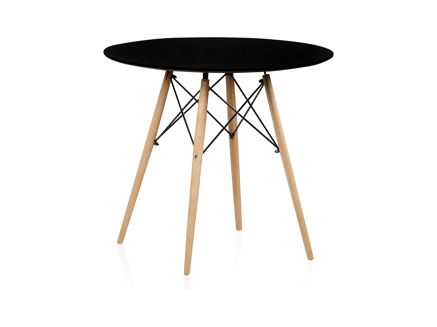 Mesa Redonda de Comedor o Cocina en Patas de Madera y Tapa Negra – 80 cm de Diámetro y 75 cm de Alto.