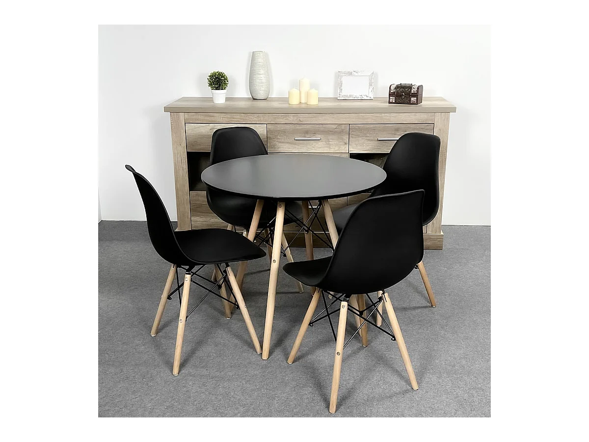 Mesa Redonda de Comedor o Cocina en Patas de Madera y Tapa Negra – 80 cm de Diámetro y 75 cm de Alto.