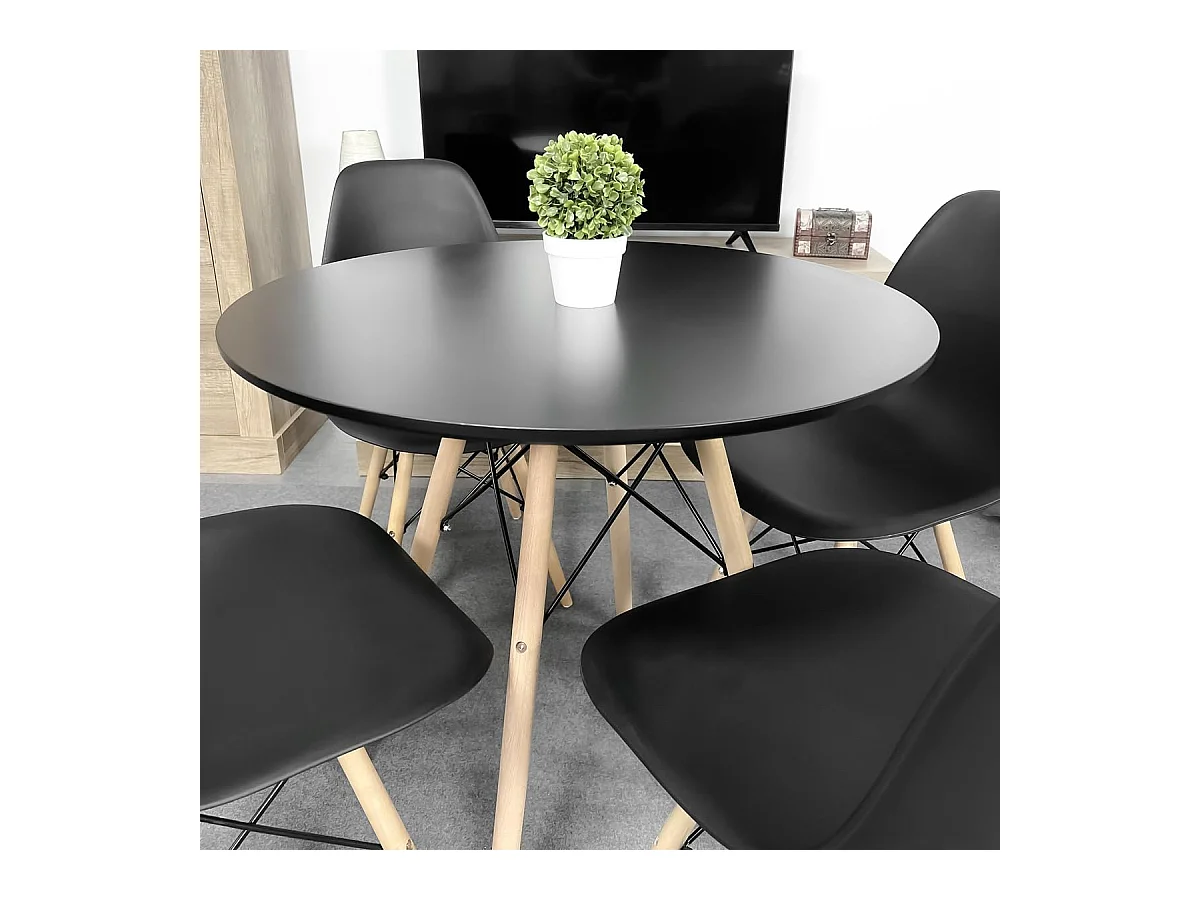 Mesa Redonda de Comedor o Cocina en Patas de Madera y Tapa Negra – 80 cm de Diámetro y 75 cm de Alto.