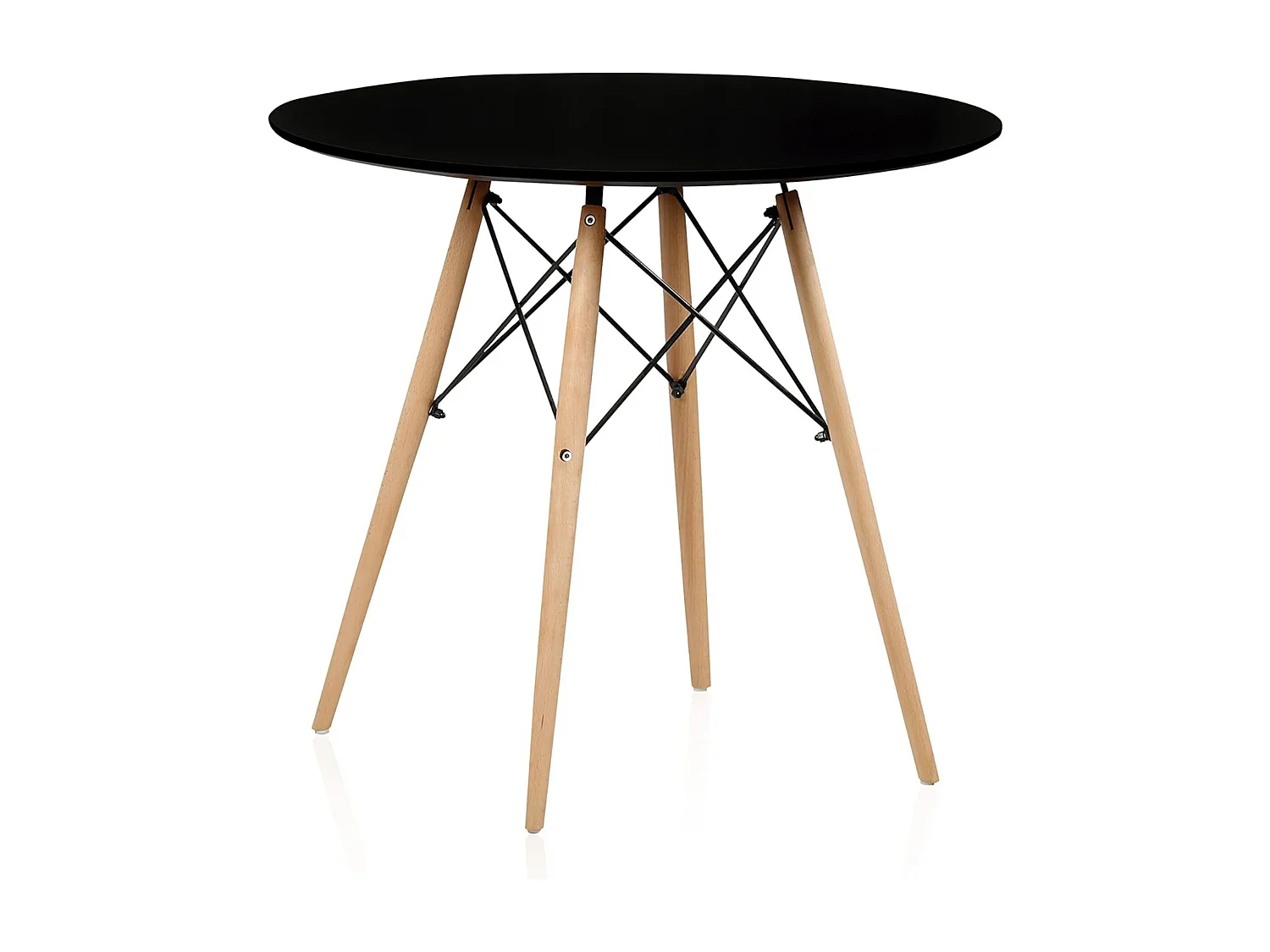 Mesa Redonda de Comedor o Cocina en Patas de Madera y Tapa Negra – 80 cm de Diámetro y 75 cm de Alto.