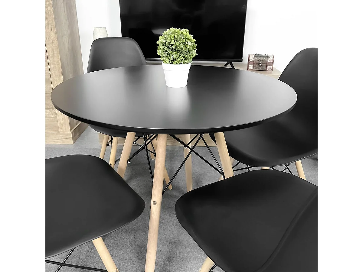 Mesa Redonda de Comedor o Cocina en Patas de Madera y Tapa Negra – 80 cm de Diámetro y 75 cm de Alto.