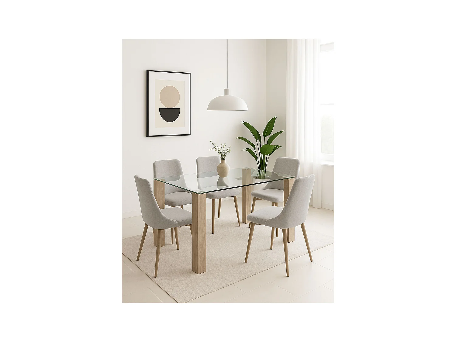 Mesa de Comedor – 140x90x76 cm, Tapa de Cristal Templado 10 mm, Patas Metálicas en Acabado Roble, Diseño Moderno y Elegante