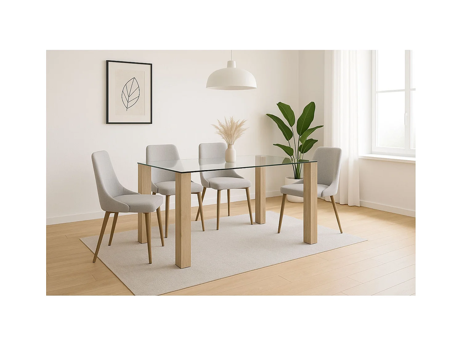 Mesa de Comedor – 140x90x76 cm, Tapa de Cristal Templado 10 mm, Patas Metálicas en Acabado Roble, Diseño Moderno y Elegante