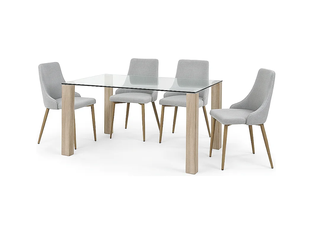 Mesa de Comedor – 140x90x76 cm, Tapa de Cristal Templado 10 mm, Patas Metálicas en Acabado Roble, Diseño Moderno y Elegante