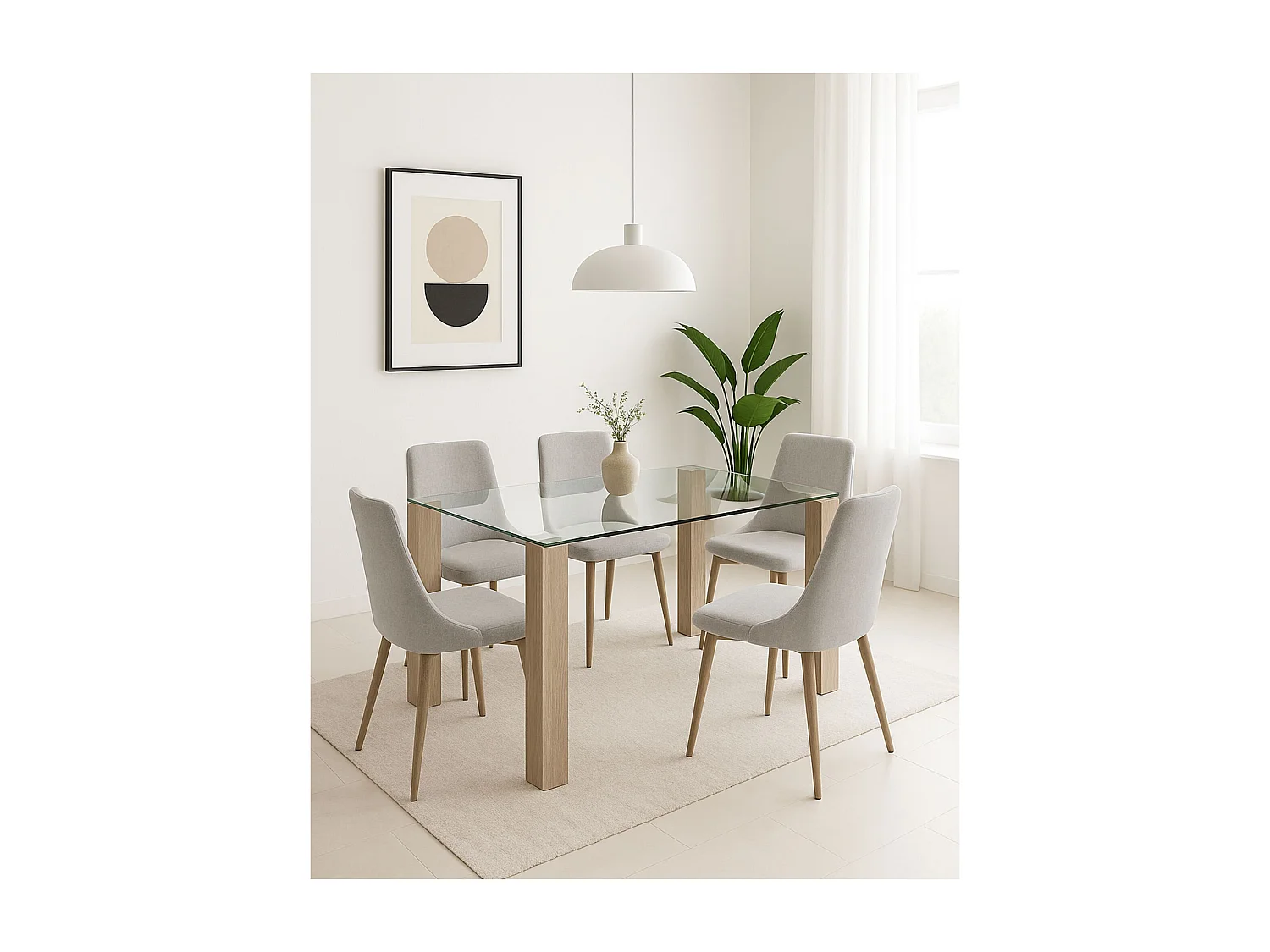 Mesa de Comedor – 140x90x76 cm, Tapa de Cristal Templado 10 mm, Patas Metálicas en Acabado Roble, Diseño Moderno y Elegante