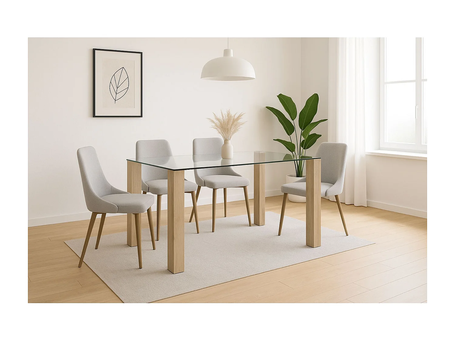 Mesa de Comedor – 140x90x76 cm, Tapa de Cristal Templado 10 mm, Patas Metálicas en Acabado Roble, Diseño Moderno y Elegante