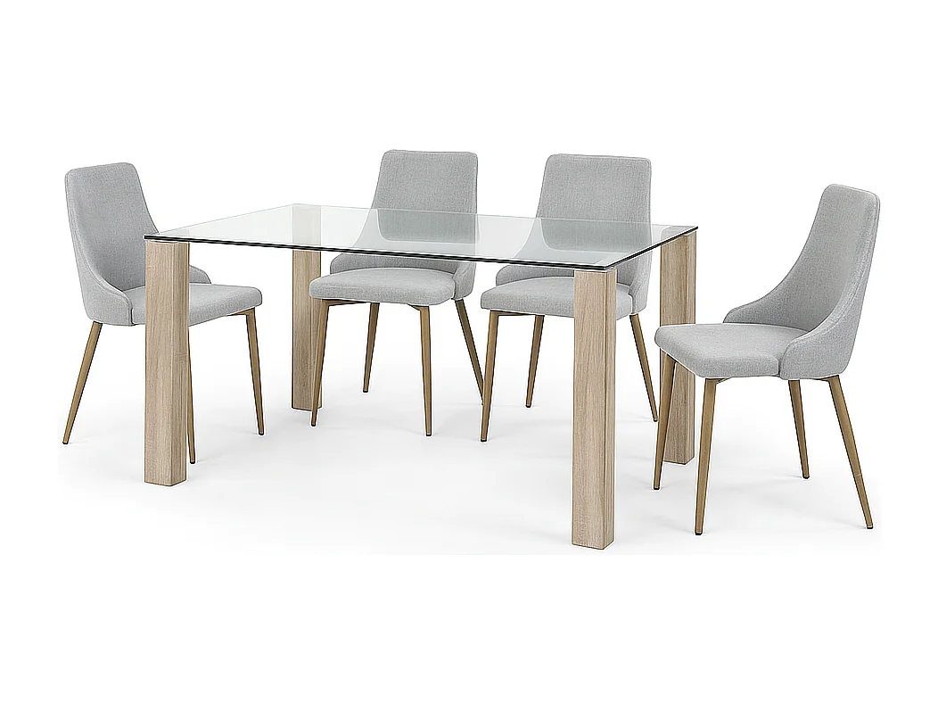 Mesa de Comedor – 140x90x76 cm, Tapa de Cristal Templado 10 mm, Patas Metálicas en Acabado Roble, Diseño Moderno y Elegante