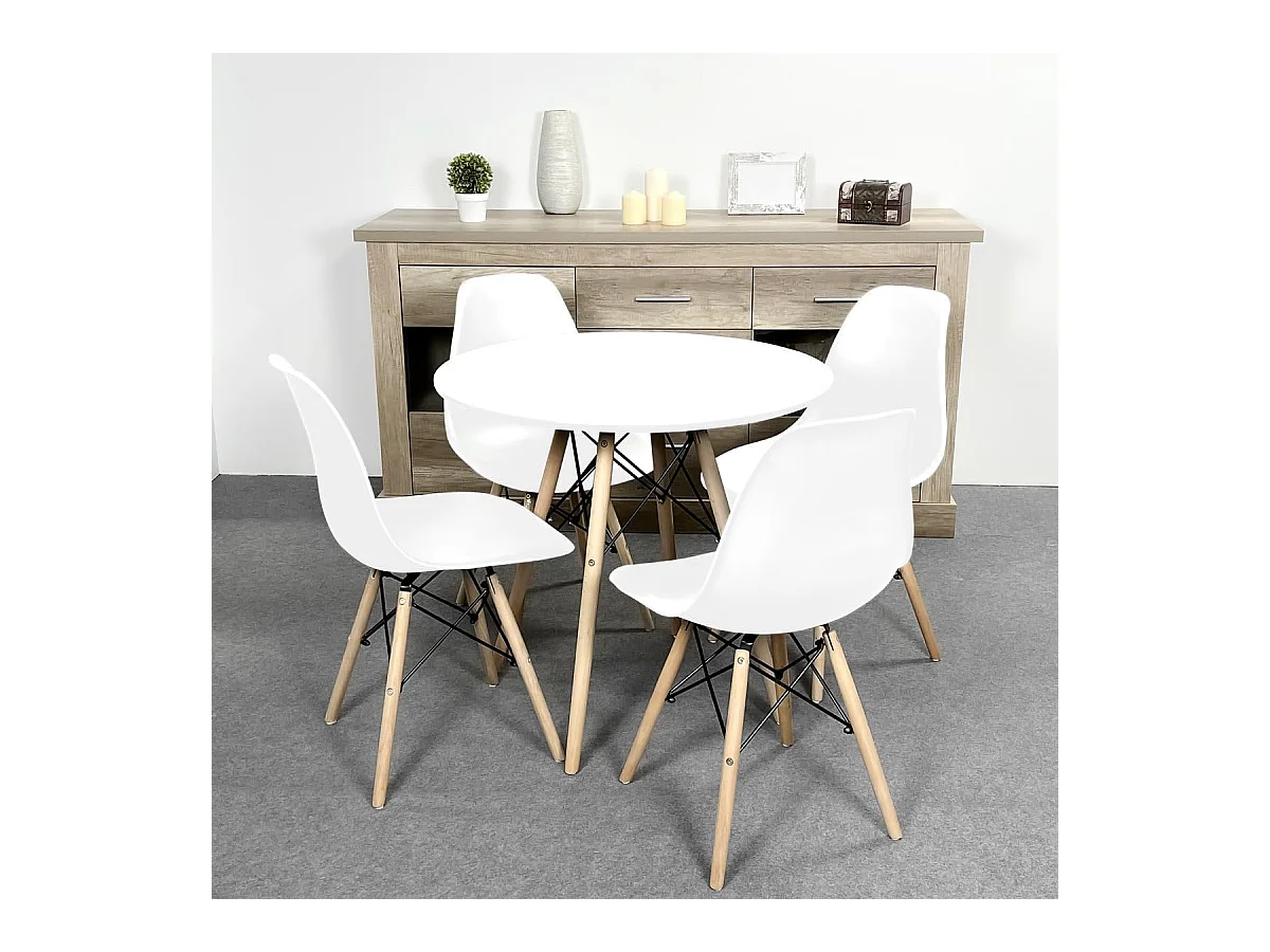 Mesa Redonda de Comedor o Cocina en Patas de Madera y Tapa Blanca – 80 cm de Diámetro y 75 cm de Alto.