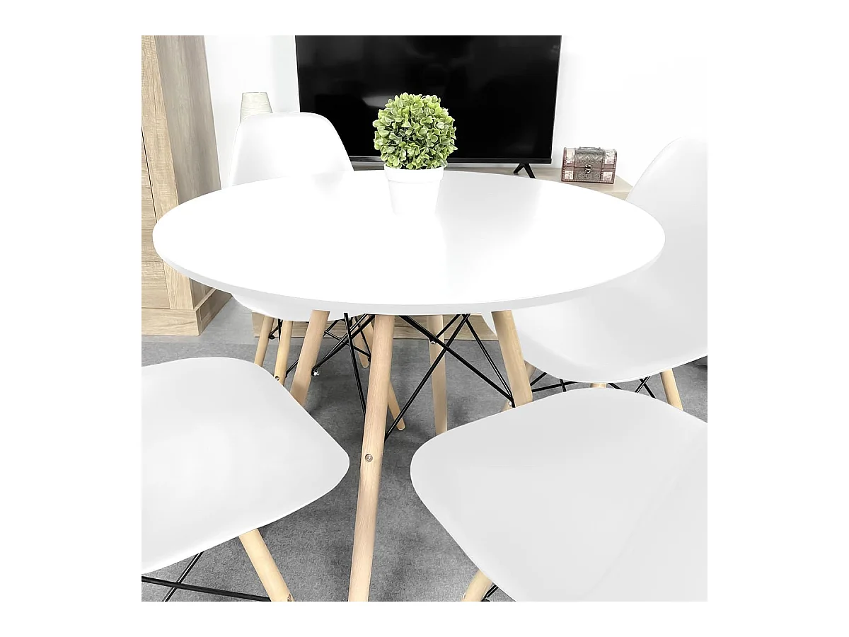 Mesa Redonda de Comedor o Cocina en Patas de Madera y Tapa Blanca – 80 cm de Diámetro y 75 cm de Alto.