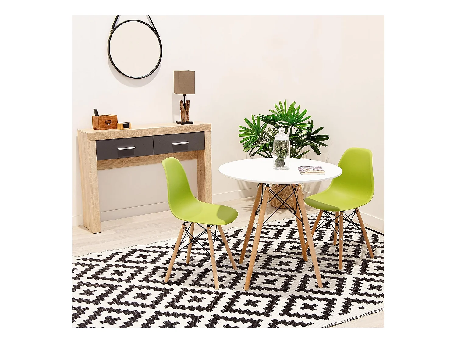 Mesa Redonda de Comedor o Cocina en Patas de Madera y Tapa Blanca – 80 cm de Diámetro y 75 cm de Alto.