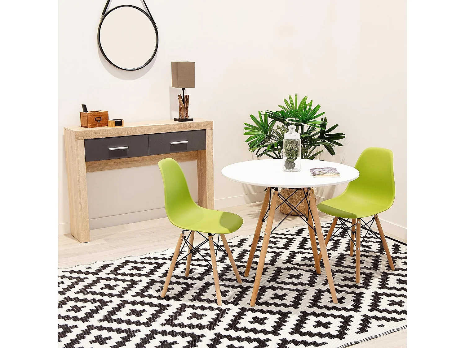 Mesa Redonda de Comedor o Cocina en Patas de Madera y Tapa Blanca – 80 cm de Diámetro y 75 cm de Alto.