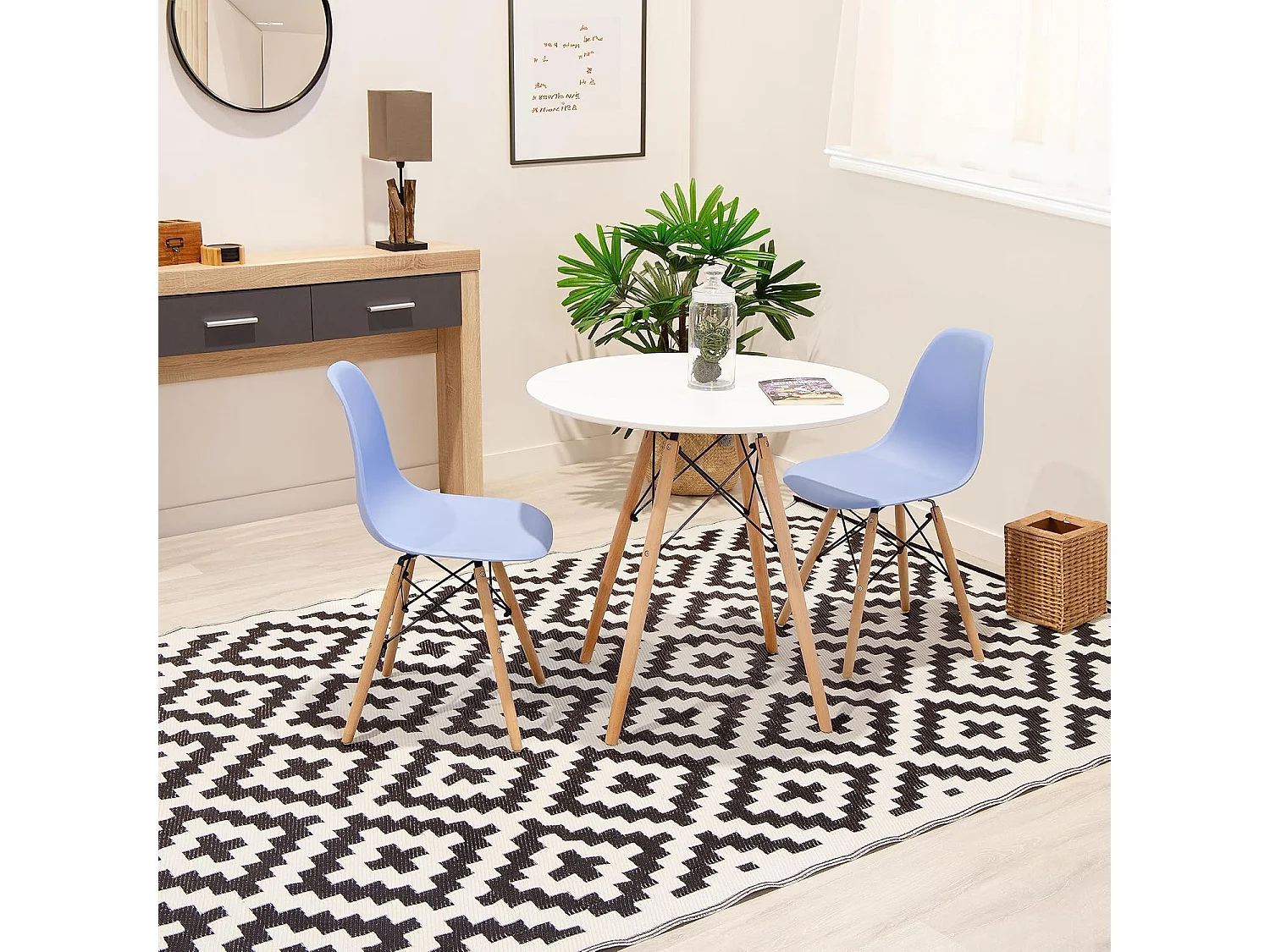 Mesa Redonda de Comedor o Cocina en Patas de Madera y Tapa Blanca – 80 cm de Diámetro y 75 cm de Alto.