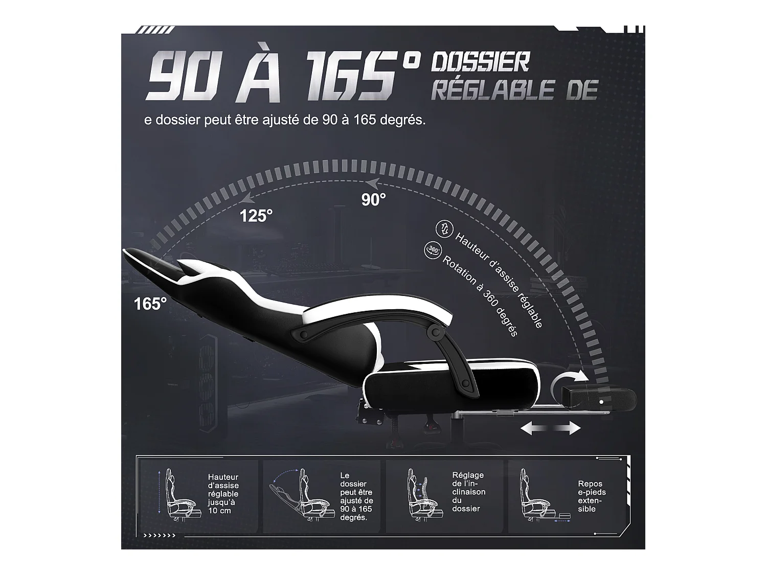 Hiazurm Chaise Gaming - Chaise de Jeu avec Dossier Réglable de 90° à 170° - Chaise Gaming avec Repose-pieds Pliable - Chaise de Jeu avec Accoudoirs Souples - 150 kg