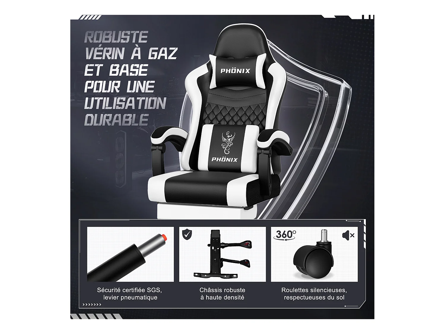 Hiazurm Chaise Gaming - Chaise de Jeu avec Dossier Réglable de 90° à 170° - Chaise Gaming avec Repose-pieds Pliable - Chaise de Jeu avec Accoudoirs Souples - 150 kg