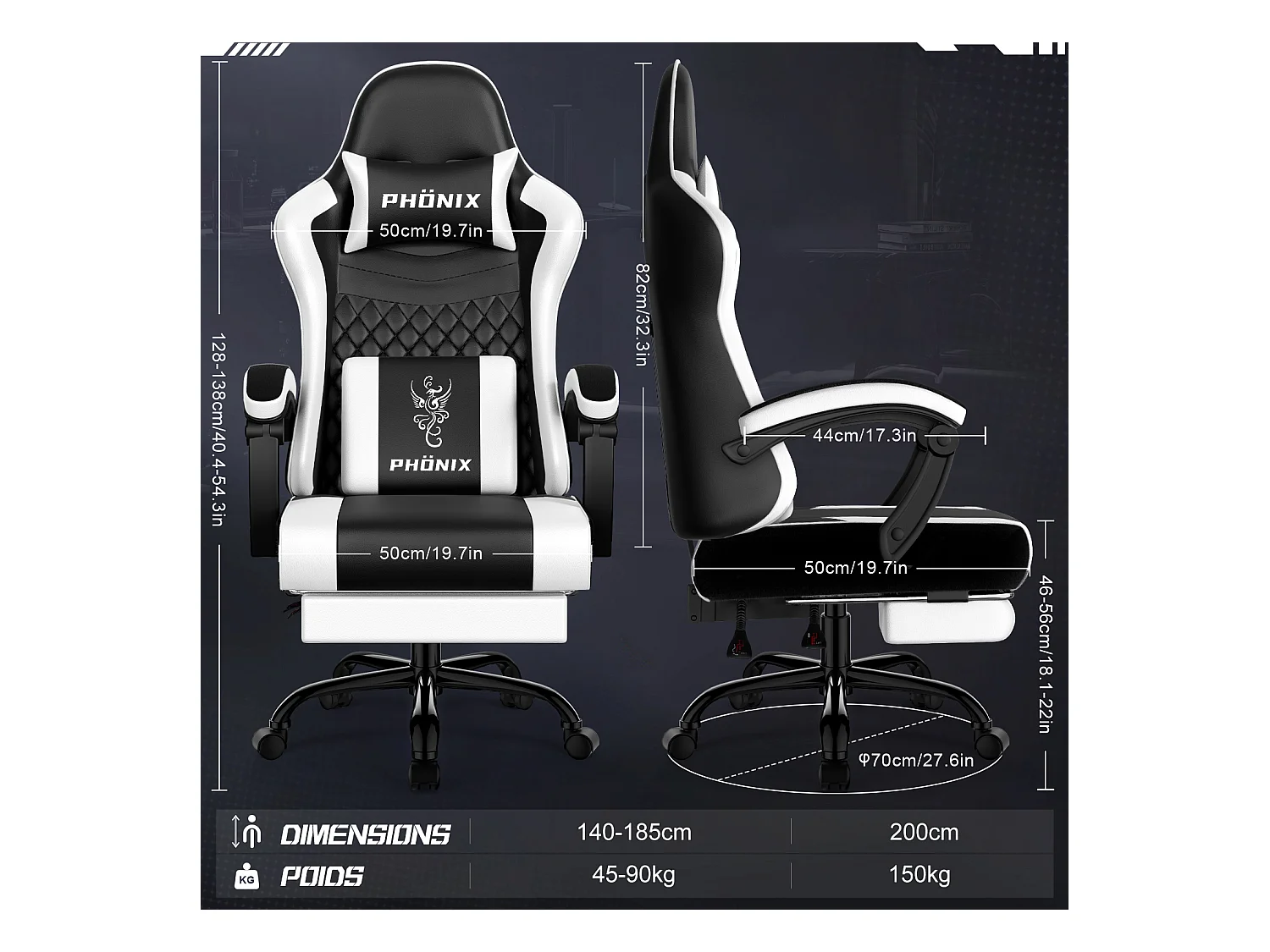 Hiazurm Chaise Gaming - Chaise de Jeu avec Dossier Réglable de 90° à 170° - Chaise Gaming avec Repose-pieds Pliable - Chaise de Jeu avec Accoudoirs Souples - 150 kg