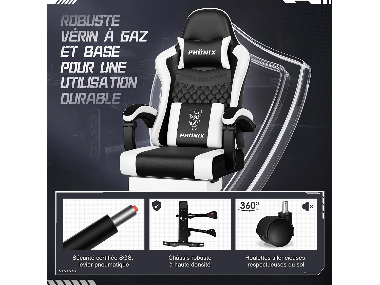 Hiazurm Chaise Gaming - Chaise de Jeu avec Dossier Réglable de 90° à 170° - Chaise Gaming avec Repose-pieds Pliable - Chaise de Jeu avec Accoudoirs Souples - 150 kg