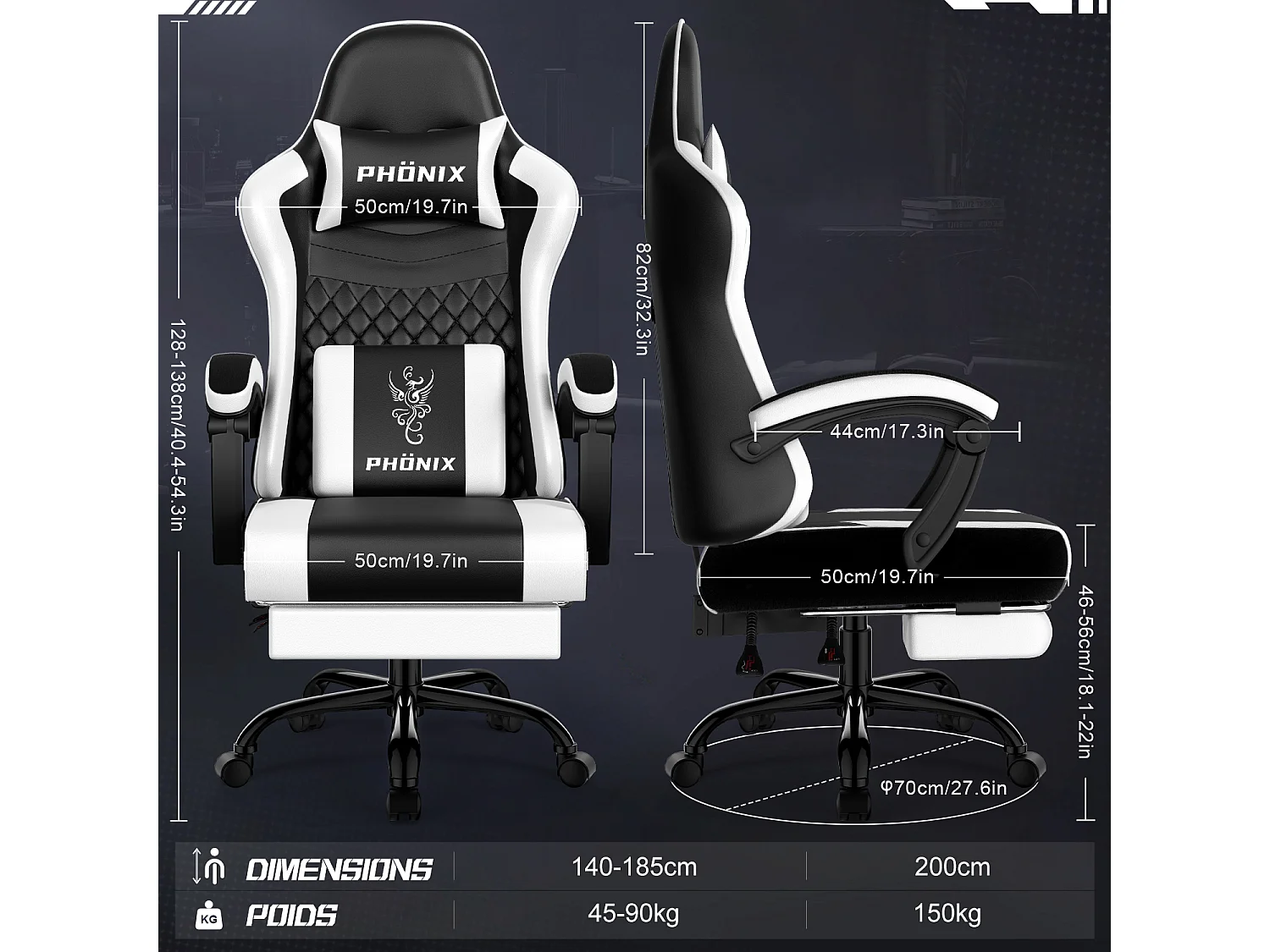 Hiazurm Chaise Gaming - Chaise de Jeu avec Dossier Réglable de 90° à 170° - Chaise Gaming avec Repose-pieds Pliable - Chaise de Jeu avec Accoudoirs Souples - 150 kg
