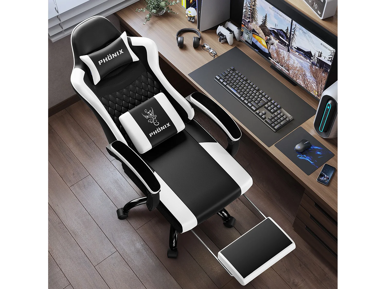 Hiazurm Chaise Gaming - Chaise de Jeu avec Dossier Réglable de 90° à 170° - Chaise Gaming avec Repose-pieds Pliable - Chaise de Jeu avec Accoudoirs Souples - 150 kg