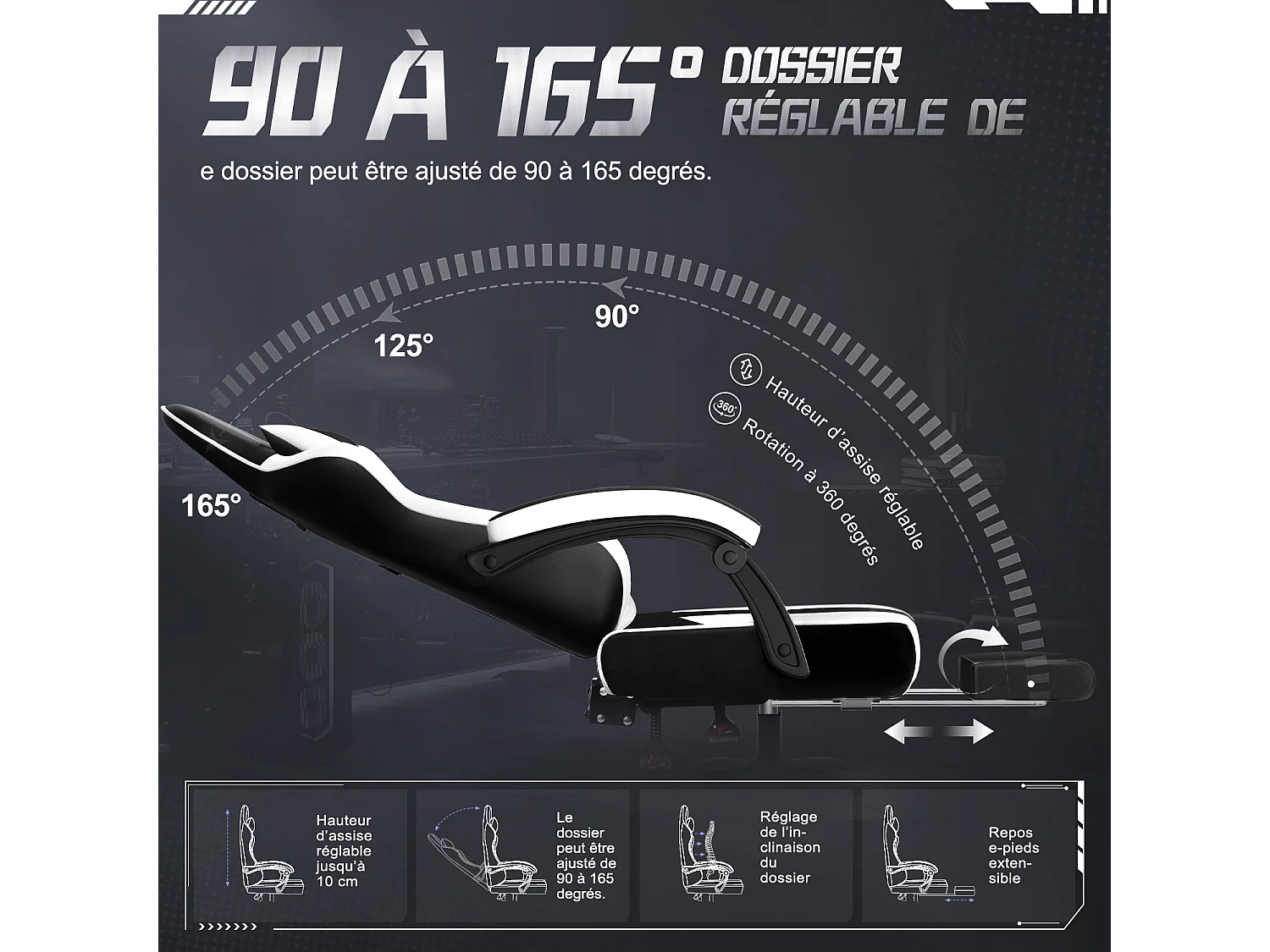 Hiazurm Chaise Gaming - Chaise de Jeu avec Dossier Réglable de 90° à 170° - Chaise Gaming avec Repose-pieds Pliable - Chaise de Jeu avec Accoudoirs Souples - 150 kg