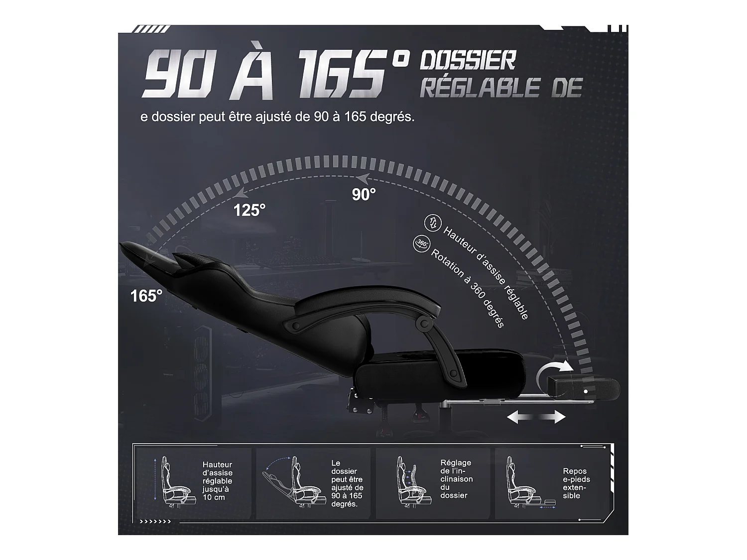 Hiazurm Chaise Gaming - Chaise de Jeu avec Dossier Réglable de 90° à 170° - Chaise Gaming avec Repose-pieds Pliable - Chaise de Jeu avec Accoudoirs Souples - 150 kg