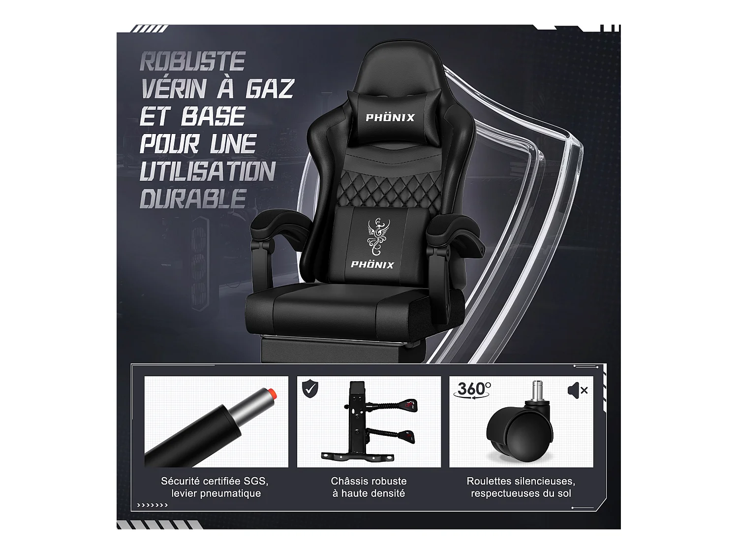 Hiazurm Chaise Gaming - Chaise de Jeu avec Dossier Réglable de 90° à 170° - Chaise Gaming avec Repose-pieds Pliable - Chaise de Jeu avec Accoudoirs Souples - 150 kg