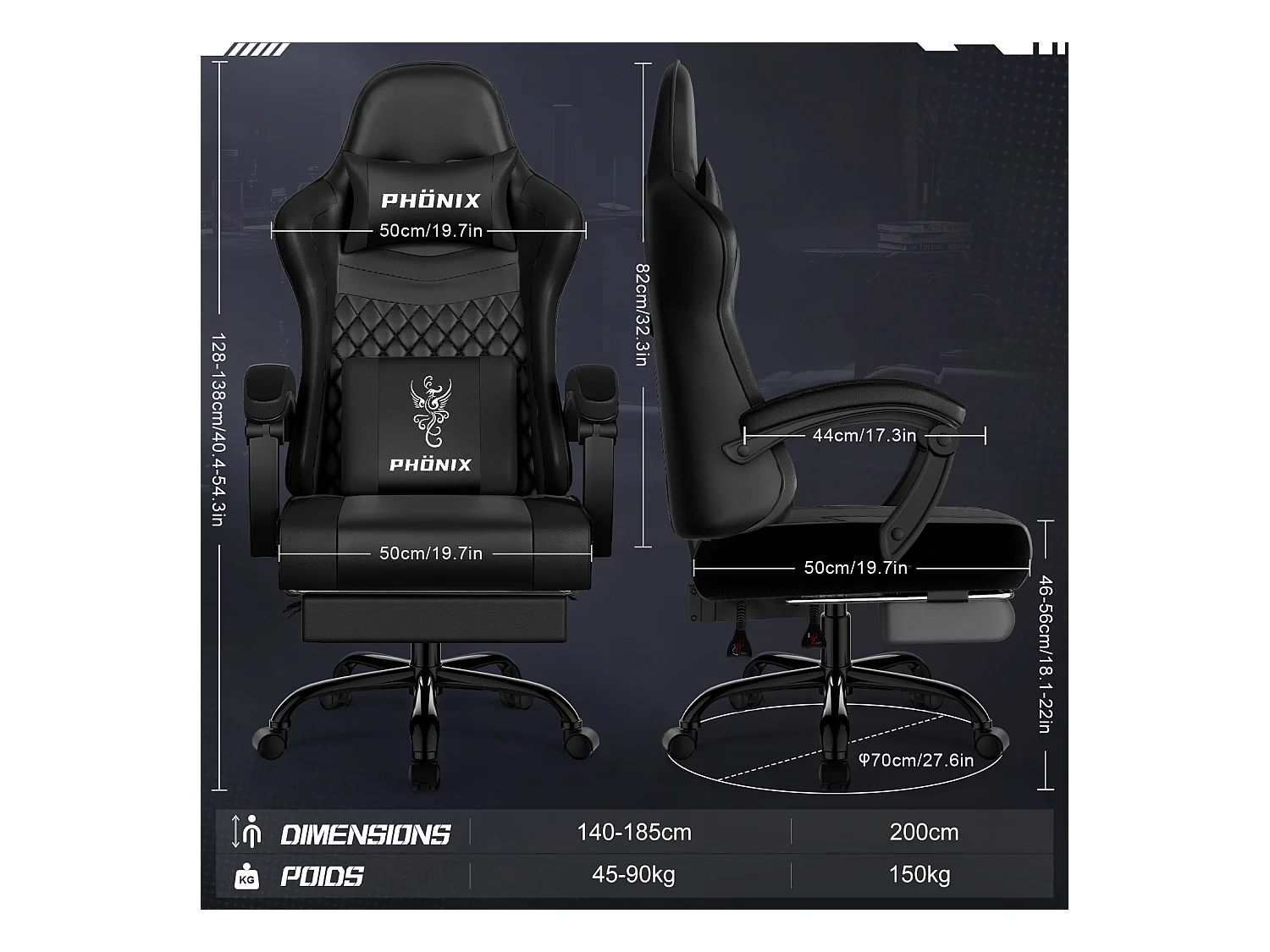 Hiazurm Chaise Gaming - Chaise de Jeu avec Dossier Réglable de 90° à 170° - Chaise Gaming avec Repose-pieds Pliable - Chaise de Jeu avec Accoudoirs Souples - 150 kg