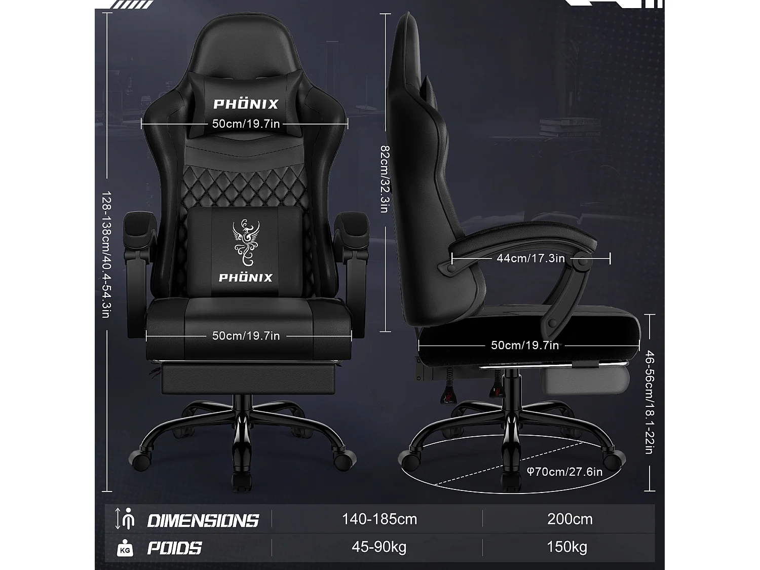 Hiazurm Chaise Gaming - Chaise de Jeu avec Dossier Réglable de 90° à 170° - Chaise Gaming avec Repose-pieds Pliable - Chaise de Jeu avec Accoudoirs Souples - 150 kg