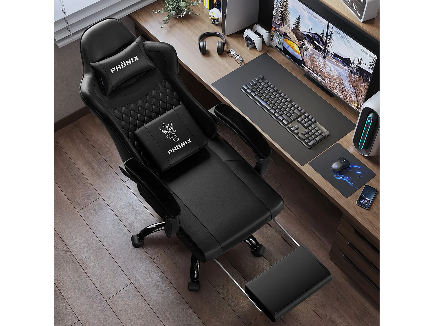 Hiazurm Chaise Gaming - Chaise de Jeu avec Dossier Réglable de 90° à 170° - Chaise Gaming avec Repose-pieds Pliable - Chaise de Jeu avec Accoudoirs Souples - 150 kg