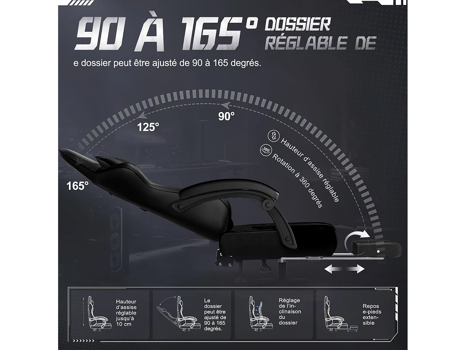 Hiazurm Chaise Gaming - Chaise de Jeu avec Dossier Réglable de 90° à 170° - Chaise Gaming avec Repose-pieds Pliable - Chaise de Jeu avec Accoudoirs Souples - 150 kg