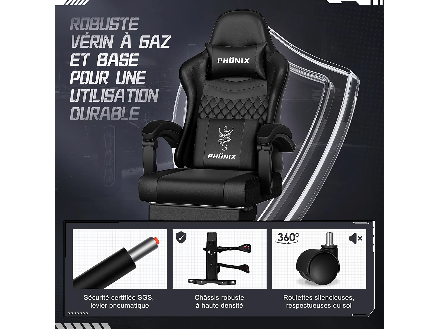 Hiazurm Chaise Gaming - Chaise de Jeu avec Dossier Réglable de 90° à 170° - Chaise Gaming avec Repose-pieds Pliable - Chaise de Jeu avec Accoudoirs Souples - 150 kg