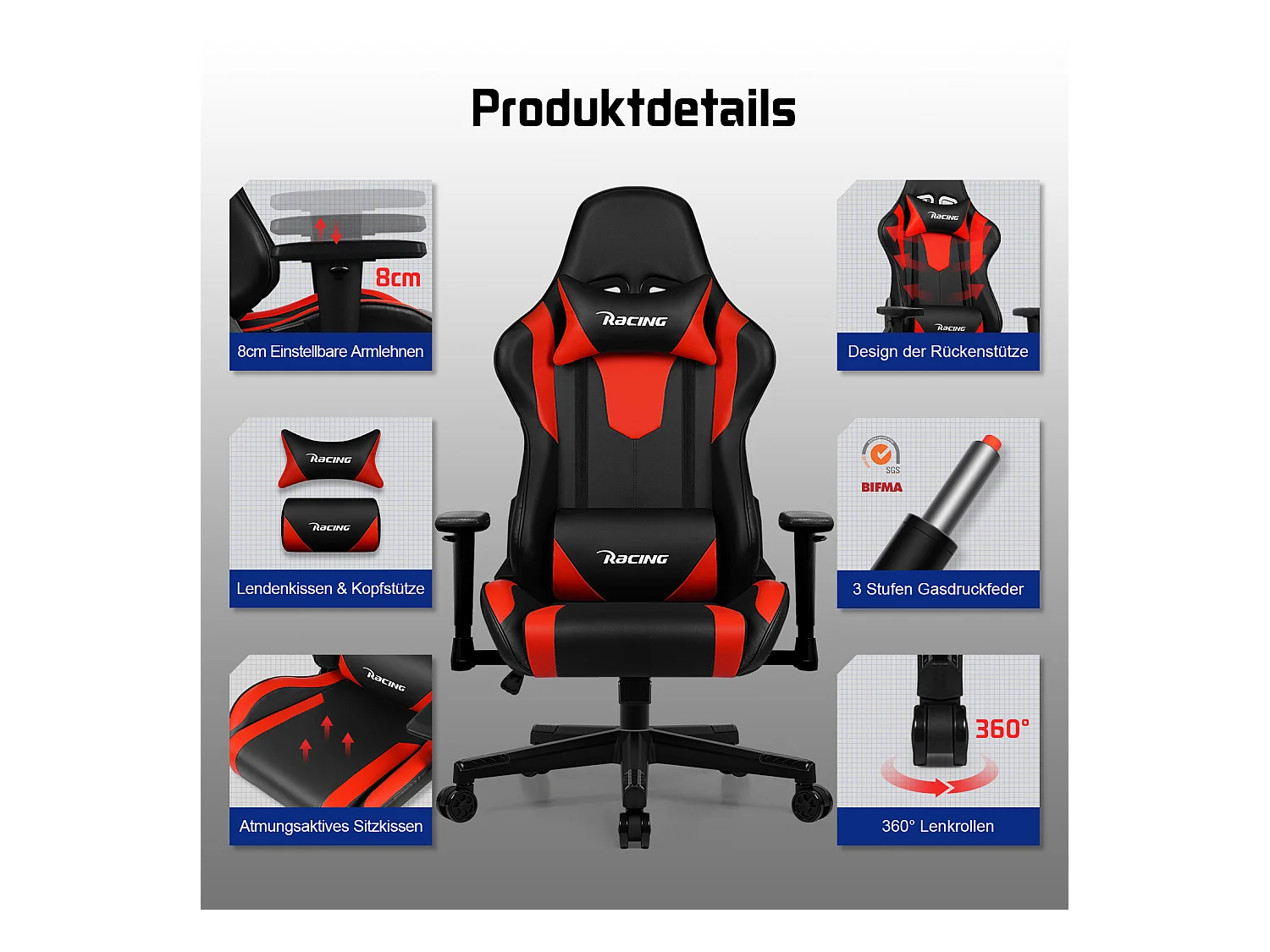 Hiazurm Chaise Gaming - Chaise de Jeu avec Dossier Réglable 90°-165° - Style Racing - Poids Max 150 kg