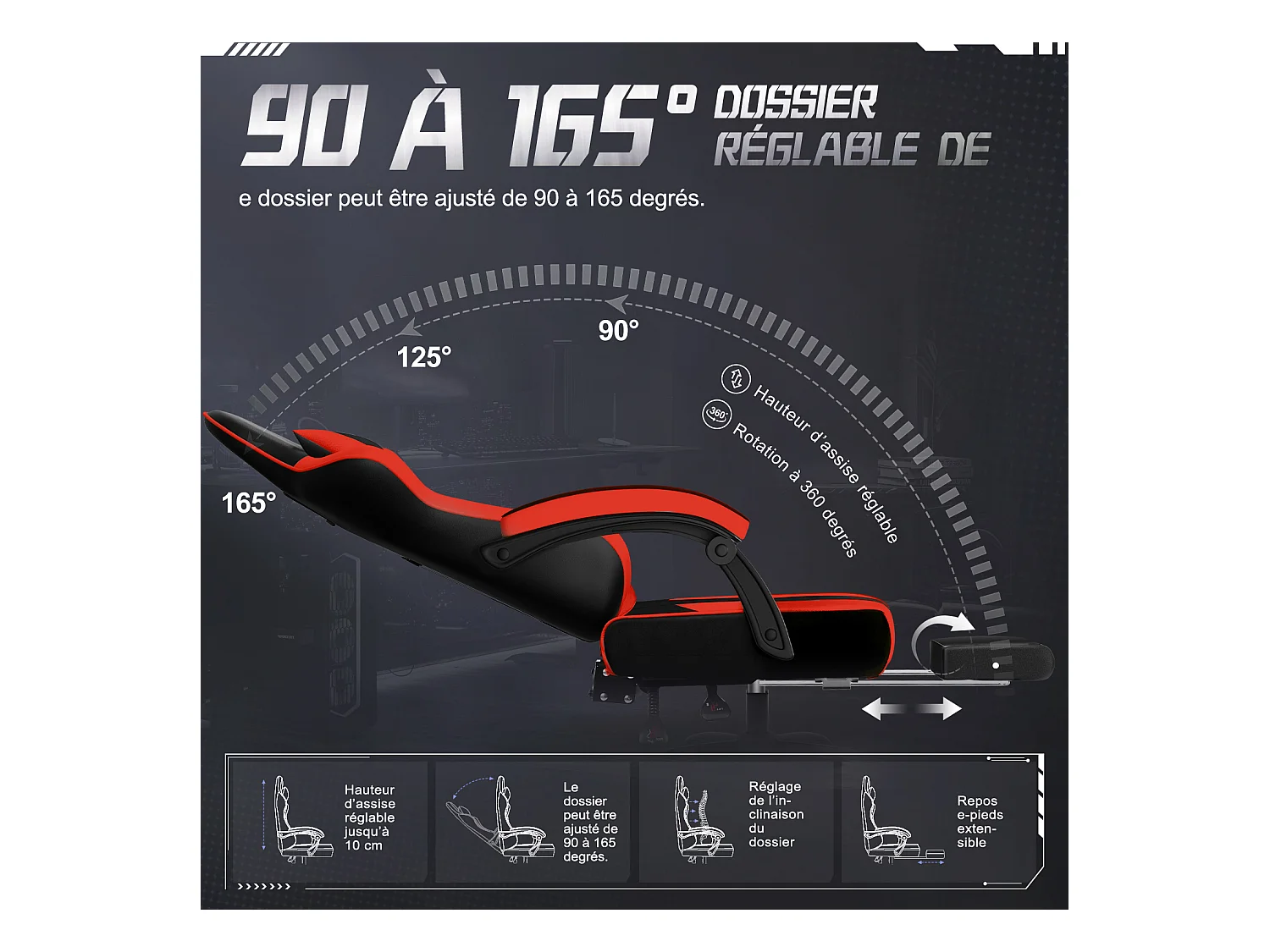 Hiazurm Chaise Gaming - Chaise de Jeu avec Dossier Réglable de 90° à 170° - Chaise Gaming avec Repose-pieds Pliable - Chaise de Jeu avec Accoudoirs Souples - 150 kg