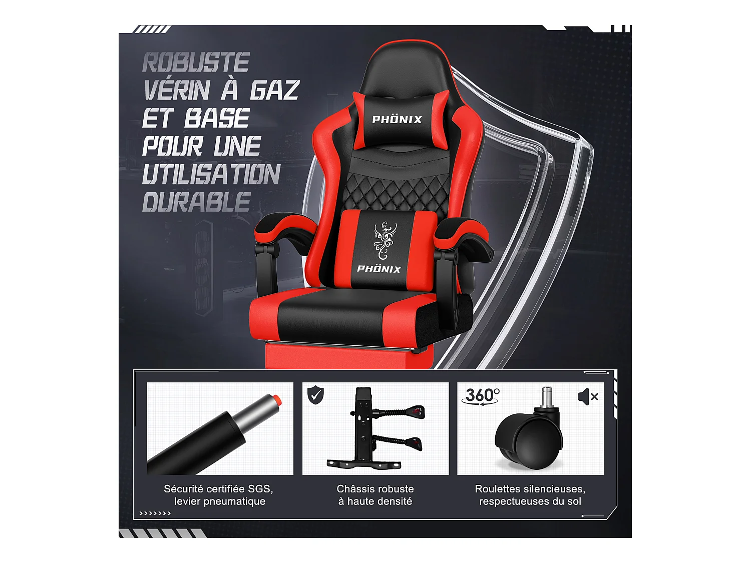 Hiazurm Chaise Gaming - Chaise de Jeu avec Dossier Réglable de 90° à 170° - Chaise Gaming avec Repose-pieds Pliable - Chaise de Jeu avec Accoudoirs Souples - 150 kg