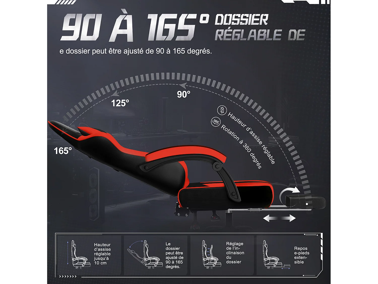 Hiazurm Chaise Gaming - Chaise de Jeu avec Dossier Réglable de 90° à 170° - Chaise Gaming avec Repose-pieds Pliable - Chaise de Jeu avec Accoudoirs Souples - 150 kg