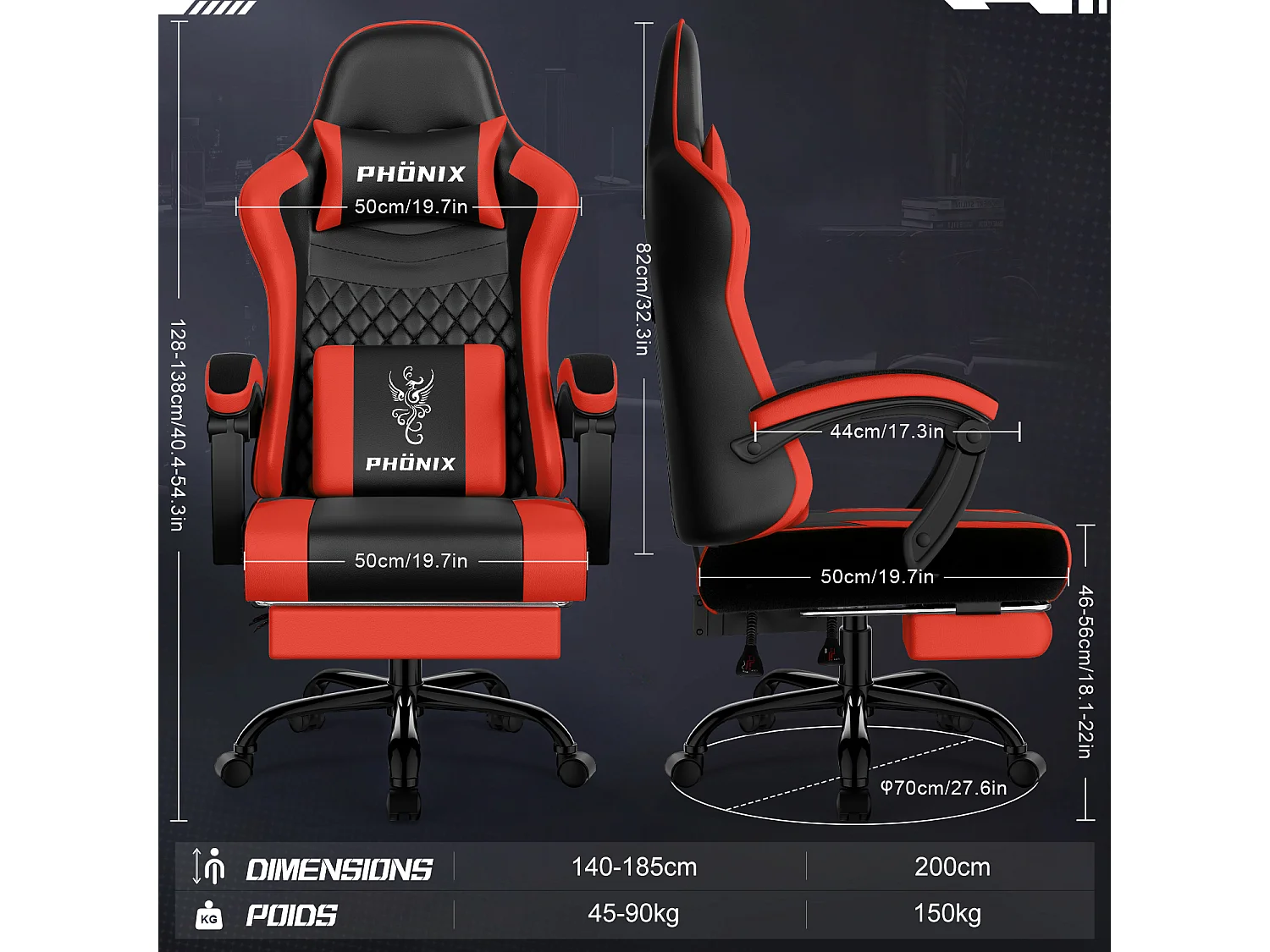 Hiazurm Chaise Gaming - Chaise de Jeu avec Dossier Réglable de 90° à 170° - Chaise Gaming avec Repose-pieds Pliable - Chaise de Jeu avec Accoudoirs Souples - 150 kg