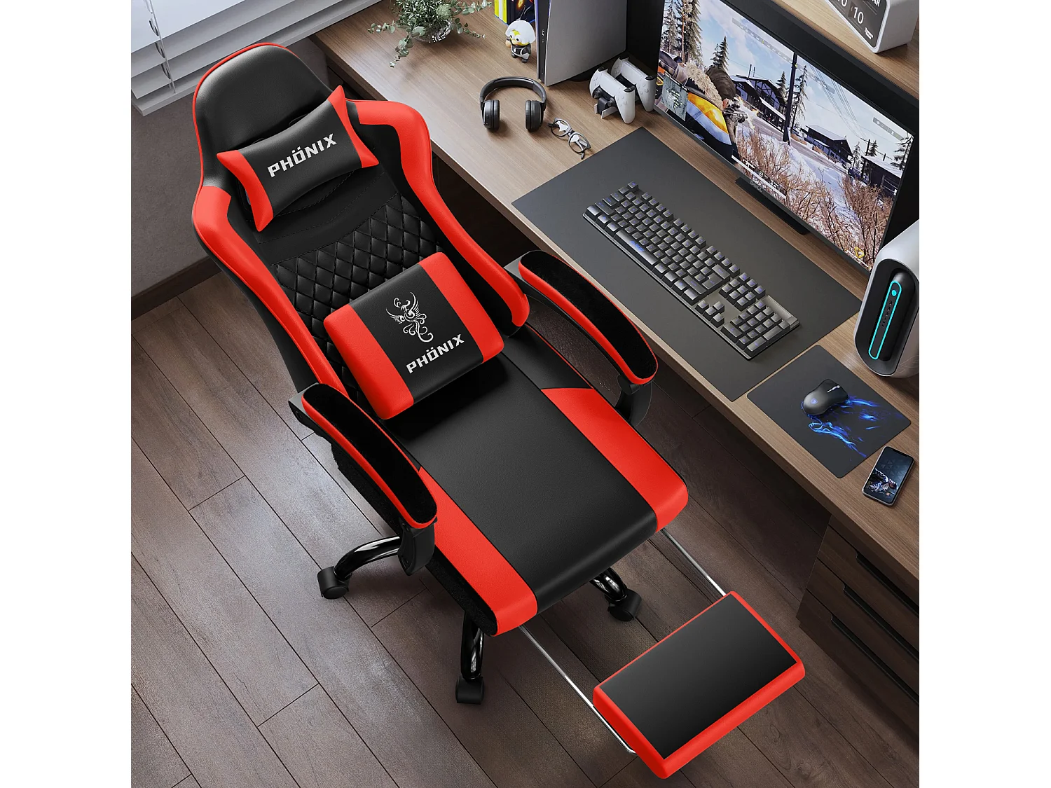 Hiazurm Chaise Gaming - Chaise de Jeu avec Dossier Réglable de 90° à 170° - Chaise Gaming avec Repose-pieds Pliable - Chaise de Jeu avec Accoudoirs Souples - 150 kg