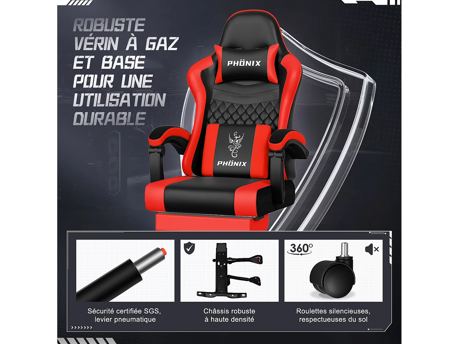 Hiazurm Chaise Gaming - Chaise de Jeu avec Dossier Réglable de 90° à 170° - Chaise Gaming avec Repose-pieds Pliable - Chaise de Jeu avec Accoudoirs Souples - 150 kg
