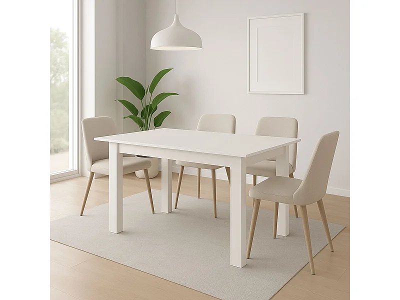 Mesa de Comedor Extensible – 120/160x80x76 cm, Color Blanco Mate, Diseño Moderno, Laminado Resistente, Apertura Central, Fácil Limpieza