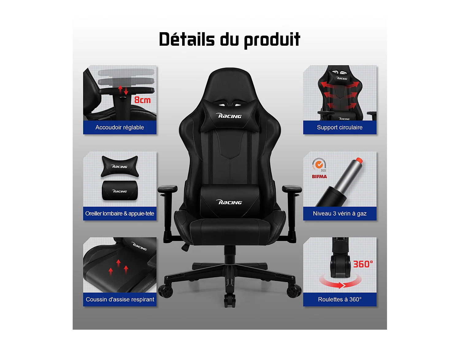 Hiazurm Chaise Gaming - Chaise de Jeu avec Dossier Réglable 90°-165° - Style Racing - Poids Max 150 kg