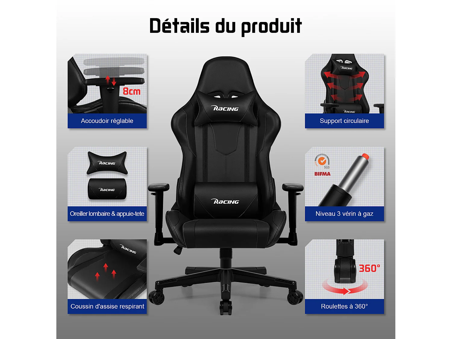 Hiazurm Chaise Gaming - Chaise de Jeu avec Dossier Réglable 90°-165° - Style Racing - Poids Max 150 kg