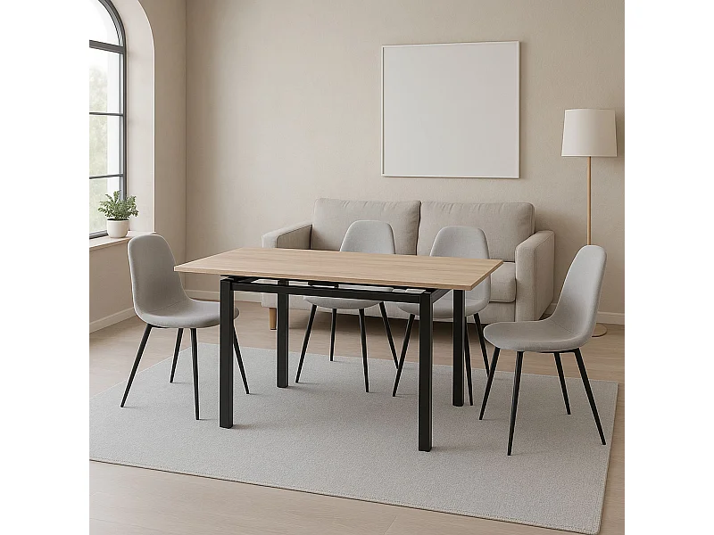 Mesa de Cocina Extensible – 110/170x70x75 cm, Tapa MDF en Acabado Roble y Patas Metálicas Negras, con Dos Alas Laterales, Diseño Moderno y Funcional.