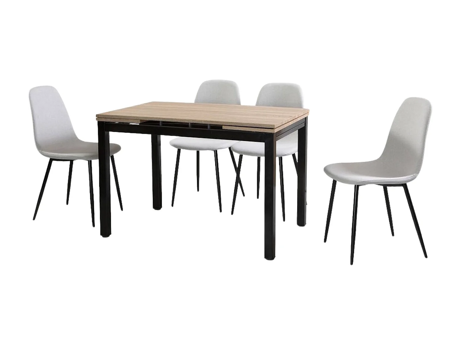 Mesa de Cocina Extensible – 110/170x70x75 cm, Tapa MDF en Acabado Roble y Patas Metálicas Negras, con Dos Alas Laterales, Diseño Moderno y Funcional.