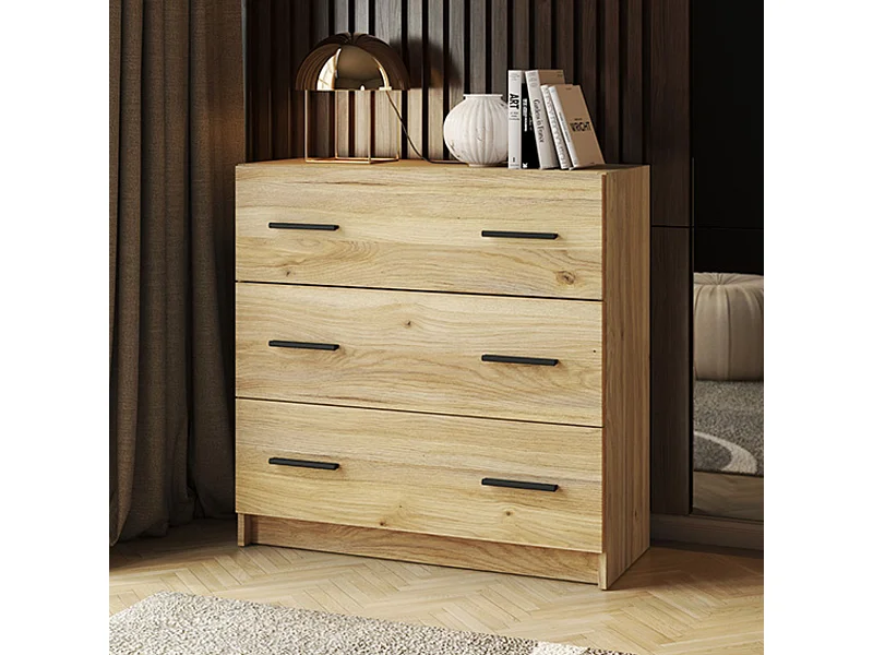 Cómoda de 3 Cajones para Dormitorio, Cajonera Dormitorio, Acabado en Mauvella y Negro, Medidas: 80 cm (Largo) x 81 cm (Alto) x 34,4 cm (Fondo) - Meyva