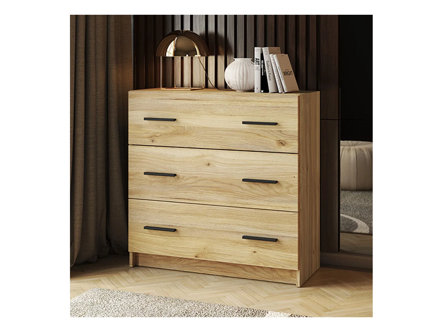 Cómoda de 3 Cajones para Dormitorio, Cajonera Dormitorio, Acabado en Mauvella y Negro, Medidas: 80 cm (Largo) x 81 cm (Alto) x 34,4 cm (Fondo) - Meyva