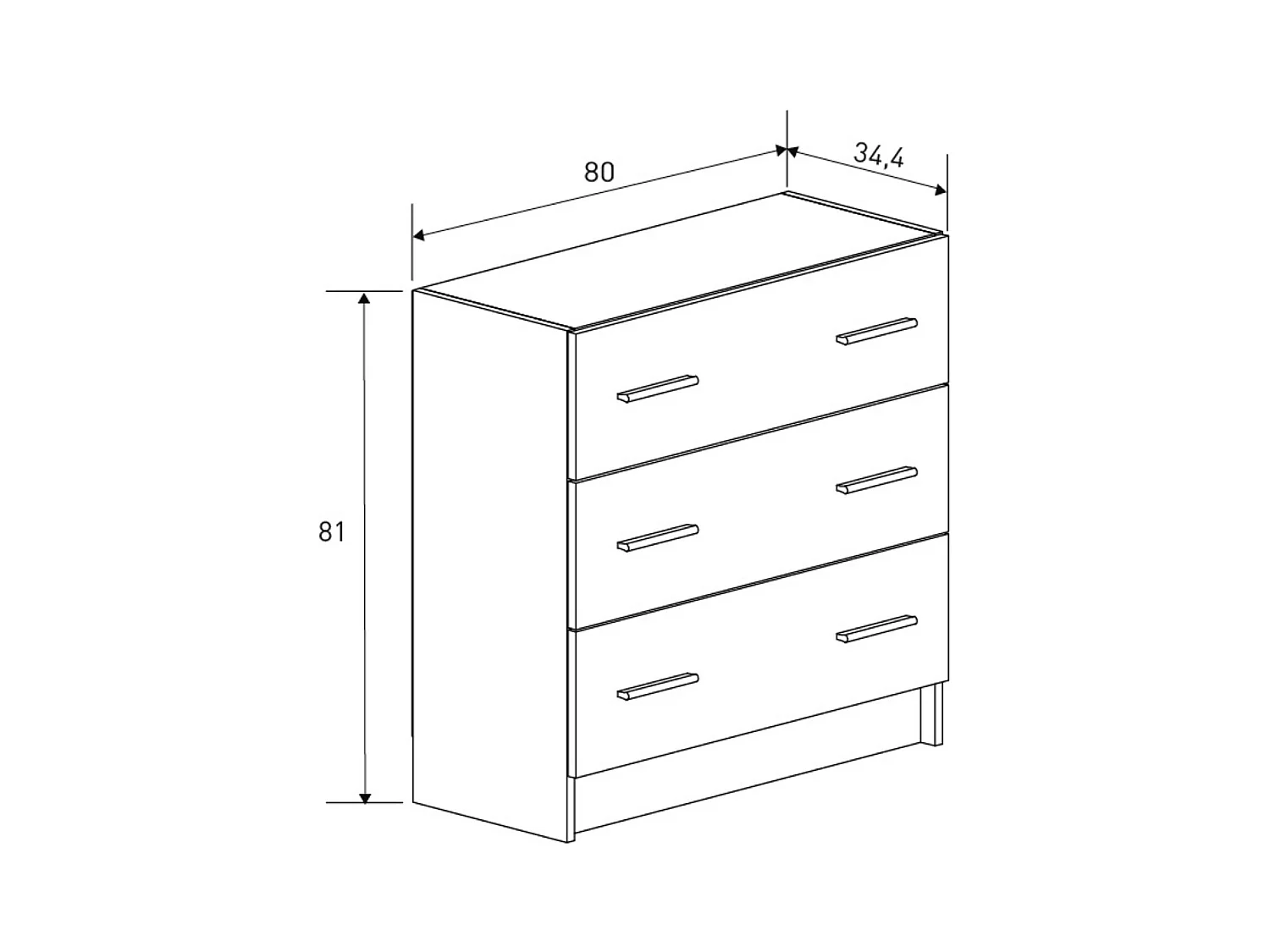 Cómoda de 3 Cajones para Dormitorio, Cajonera Dormitorio, Acabado en Mauvella y Negro, Medidas: 80 cm (Largo) x 81 cm (Alto) x 34,4 cm (Fondo) - Meyva