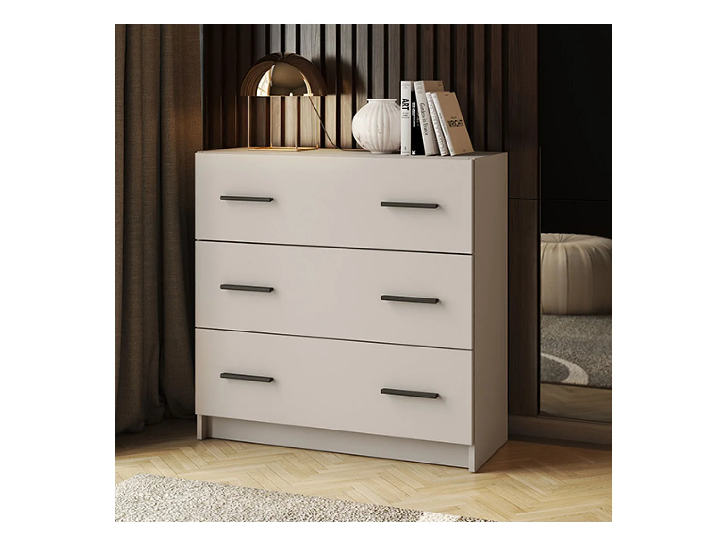 Cómoda de 3 Cajones para Dormitorio, Cajonera Dormitorio, Acabado en Beige y Negro, Medidas: 80 cm (Largo) x 81 cm (Alto) x 34,4 cm (Fondo) - Meyvaser