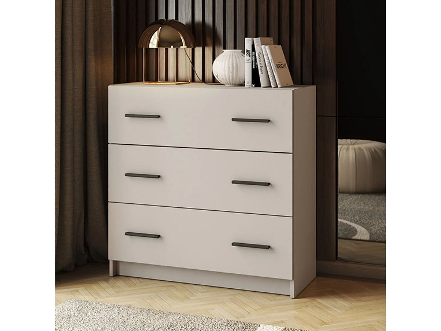 Cómoda de 3 Cajones para Dormitorio, Cajonera Dormitorio, Acabado en Beige y Negro, Medidas: 80 cm (Largo) x 81 cm (Alto) x 34,4 cm (Fondo) - Meyvaser