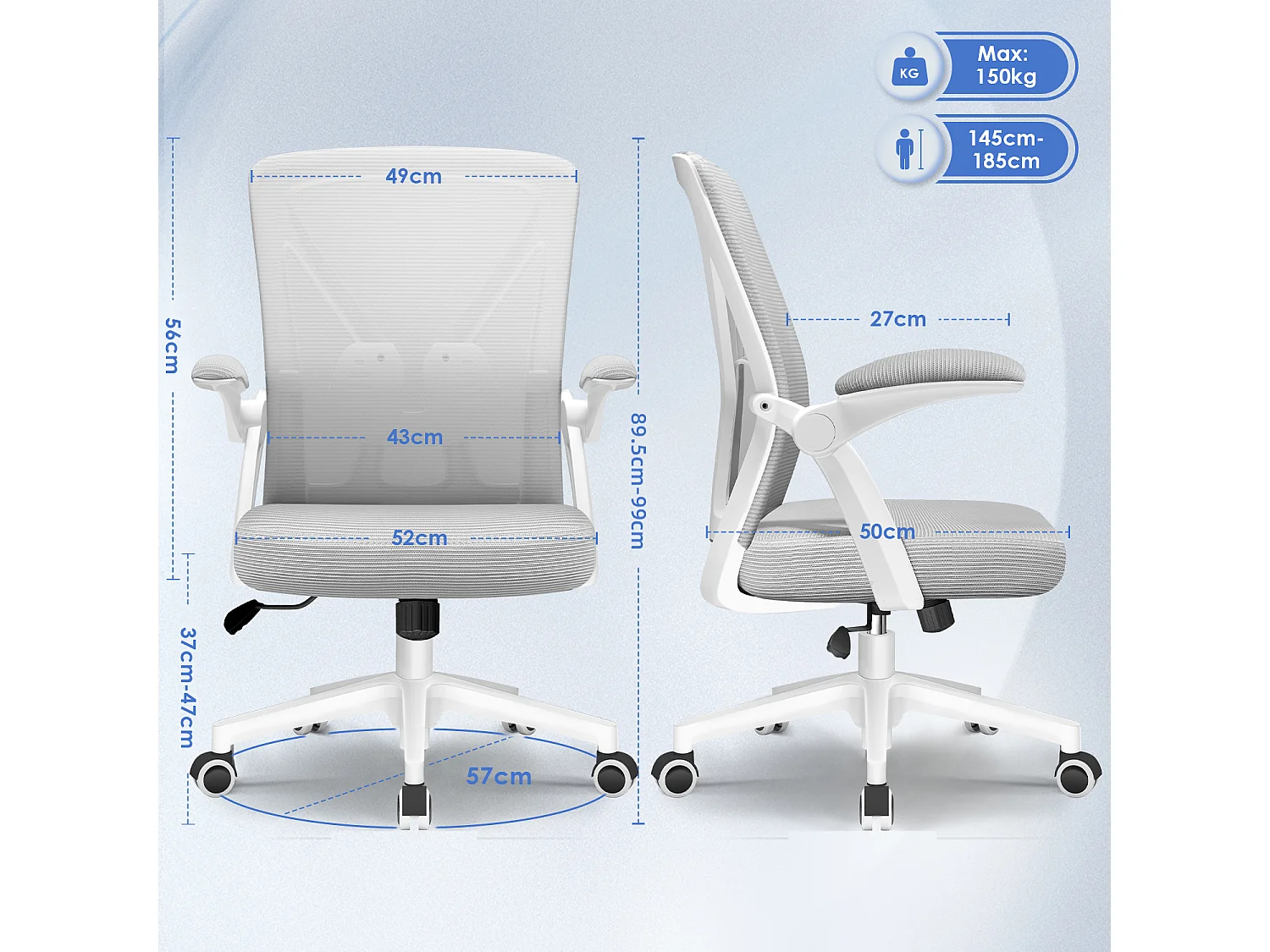 Hiazurm Chaise de Bureau Ergonomique - Chaise de Bureau - Accoudoirs Pliables - Chaises de Bureau pour Adultes - 150 Kg