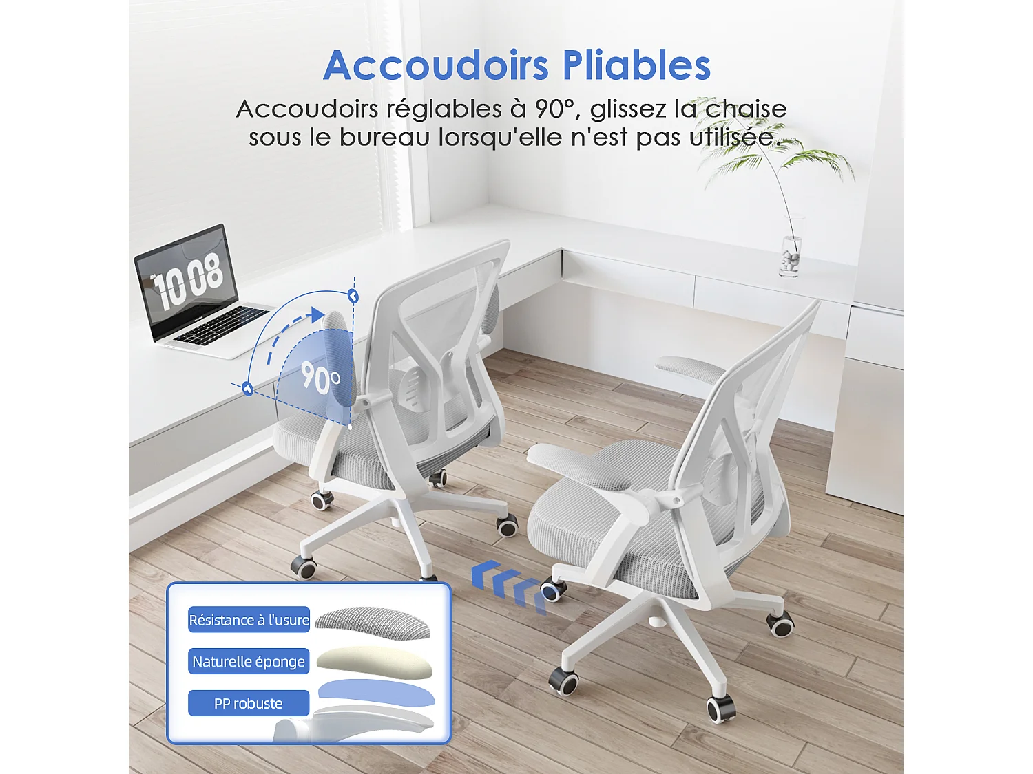 Hiazurm Chaise de Bureau Ergonomique - Chaise de Bureau - Accoudoirs Pliables - Chaises de Bureau pour Adultes - 150 Kg